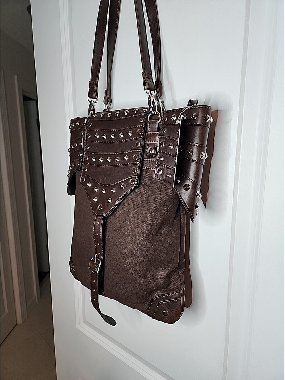 Restyle Brown Studded Bag Armor Steampunk Goth Rocker Medieval Purse Bag NWT - Picture 3 of 9